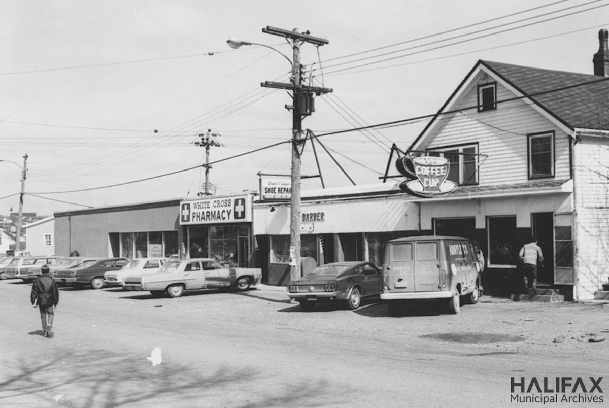 1970 - White Cross Pharmacy, shoe repair store, barber and Coffee Cup coffee shop - Fairview Shopping Centre area-Halifax Municipal Archives-102-105-3-SC2-4