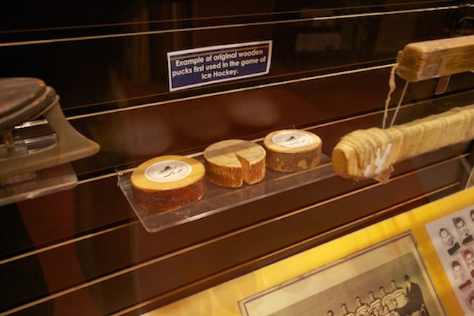 Old hockey pucks made of slices of wood at the Nova Scotia Sport Hall of fame in Halifax, Canada