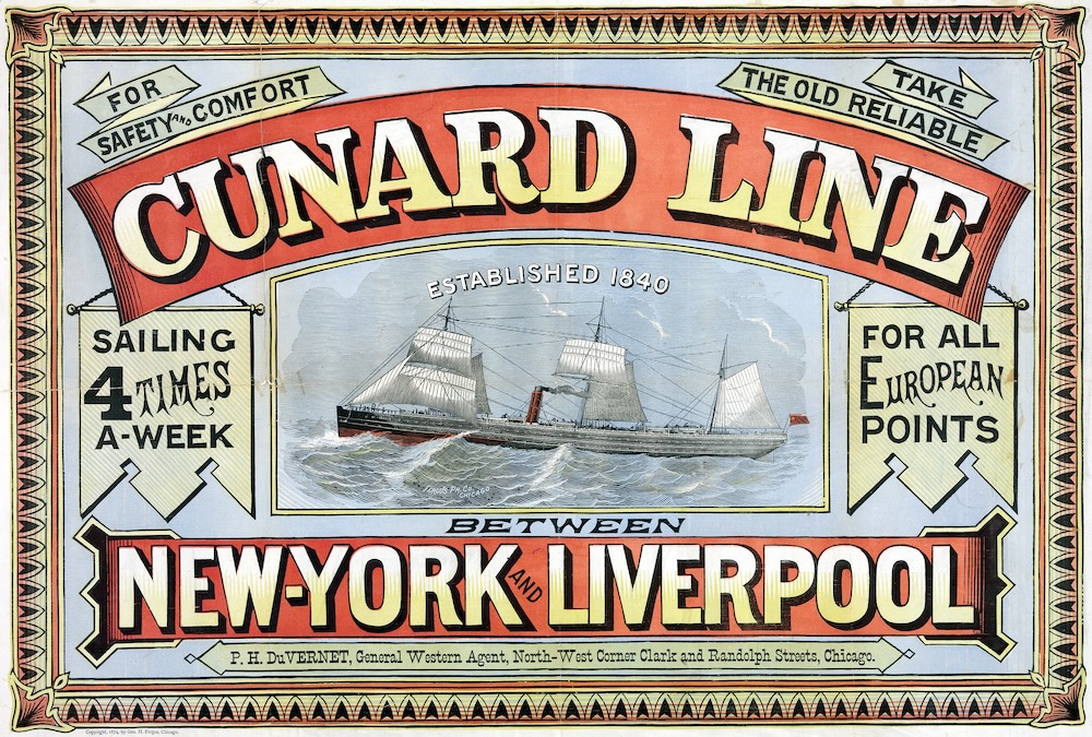1874 - Cunard Line, from New York to Liverpool, from 1875